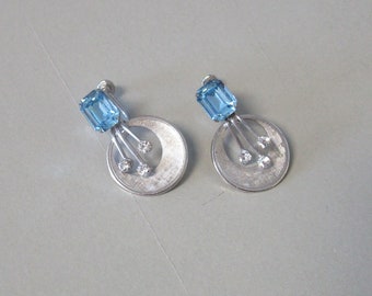 Vintage Van Dell Sterling Silver Screw-on Earrings, Blue Rhinestones (c. 1950s)