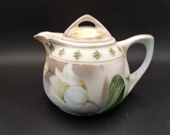 Vintage Porzellan Sahnekännchen mit Deckel, Tulpen, grüne Blätter, Goldrand (um 1920er Jahre)