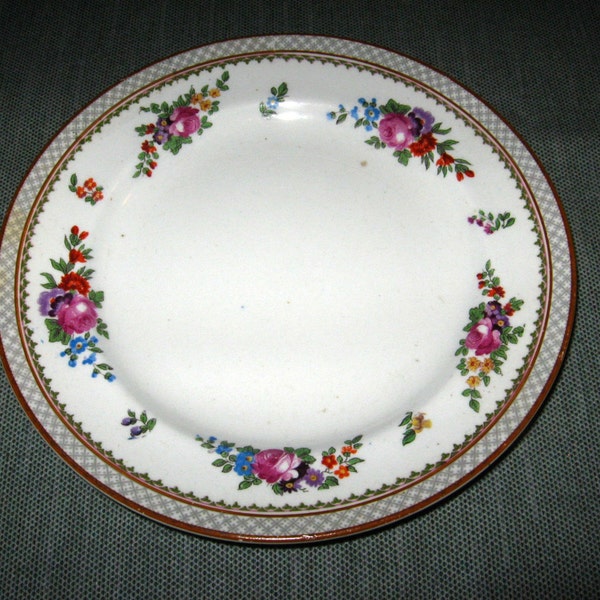 Booths 6-7/8" Dessert Plate Hand-Painted Floral Design, Brown Gray Trim ca 1906