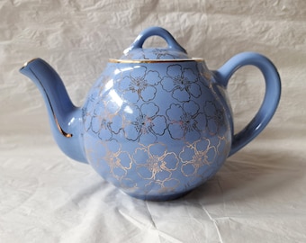 Hall 6-cup FRENCH Teapot #049 Blue, Gold Flowers & Trim (c. 1940s-50s)