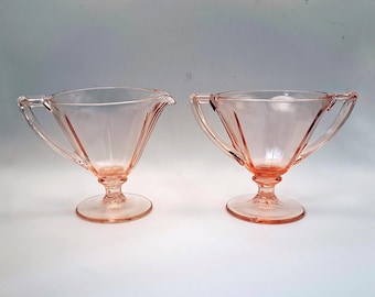 Azucarero y lechera de cristal rosa estilo Depression Glass, 4,25" Art Deco (c. 1930)