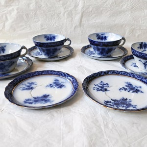 Antique Henry Alcock England Flow Blue TOURAINE 4 Cups, 6 Saucers (c. 1898)