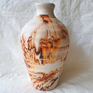 Nemadji 8.5&quot; Vase, Vibrant Brown and Orange Ribbed, &quot;Indian Head&quot; Mark (c. 1950s)