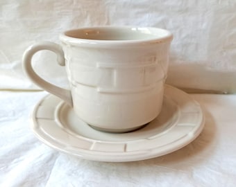 Longaberger Pottery 3" WOVEN TRADITIONS Ivory Flat Cup & Saucer (USA c 1990s)