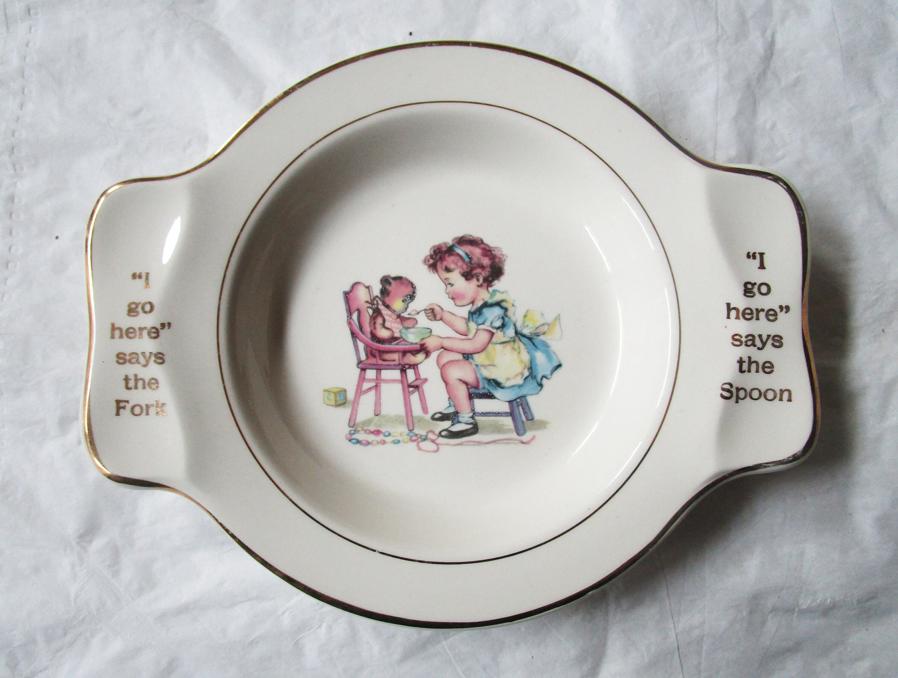 Salem China 9" Child's Plate "I Go Here - Fork / Spoon" (c. 1930s)