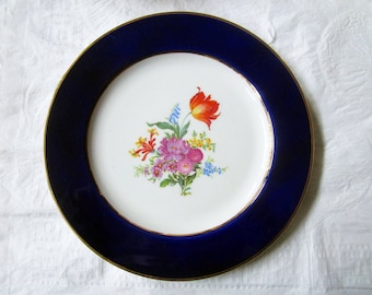 Lamberton Scammell 10.5&quot; Cobalt Blue Dinner Plate, Flowers, Gold Trim (c. 1930s)
