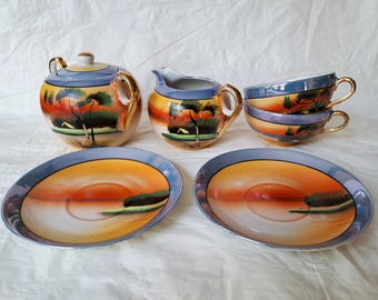 MIJ Japan SUNSET Creamer, Sugar Bowl, 2 Cups & Saucers, Hand