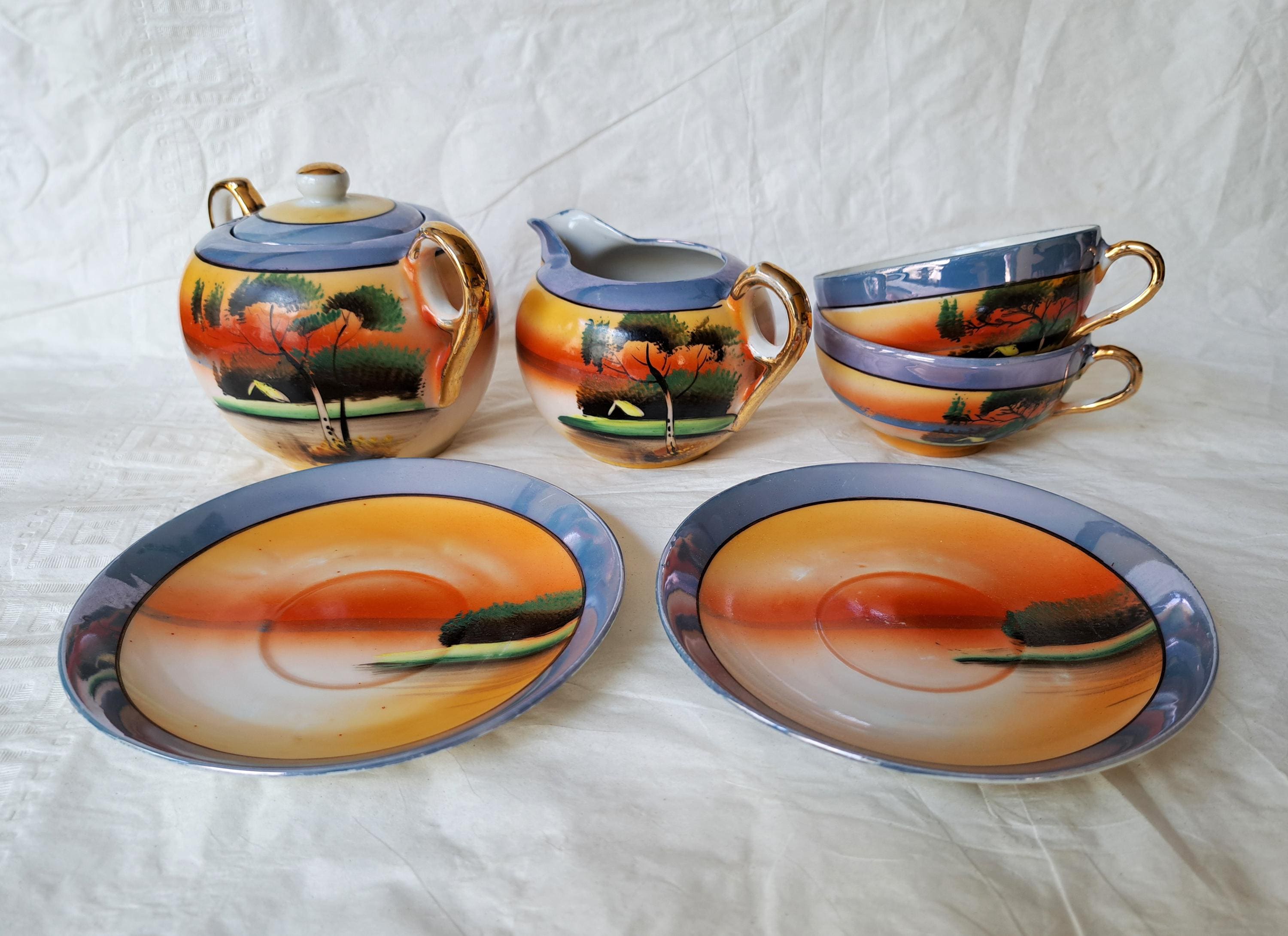 MIJ Japan SUNSET Creamer, Sugar Bowl, 2 Cups & Saucers, Hand