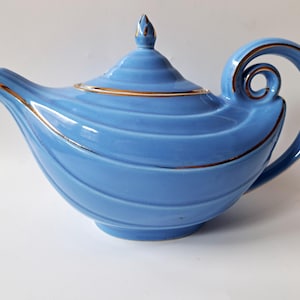 6.25" Hall China ALADDIN Teapot, 6 Cup #0669 Cadet Blue Gold Trim (c 1940-1950s)