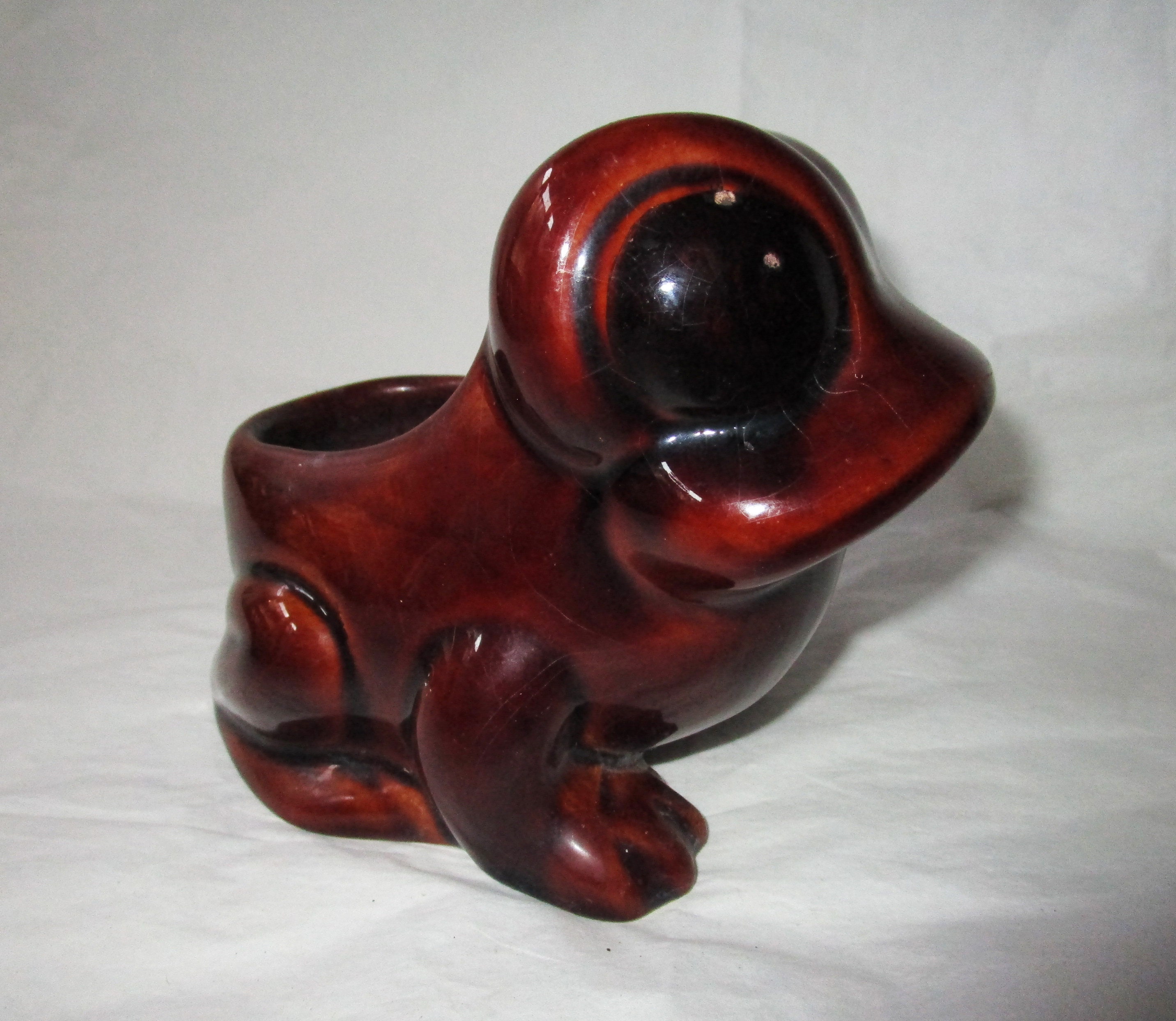 c. 1970s Vintage Denmead Pottery Treacle Glazed Rockingham Ceramic Frog Planter