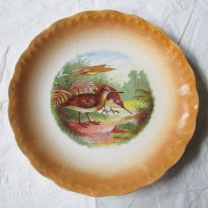 Antique D.E. McNichol Pottery 10.25&quot; Luster Plate, Gamebirds, Orange Scallop Rim (c 1910, East Liverpool, Ohio)