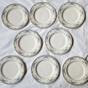 Set of 8 Royal Doulton JULIET 6.5&quot; Bread & Butter Plates, Pink Yellow Roses, Gold Trim, ca. 1980s
