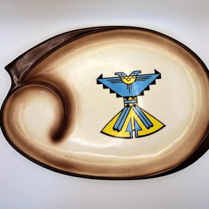 Sims Ceramics California Pottery 1950s Snack Plate, Thunderbird, 11.5&quot; Brown Trim