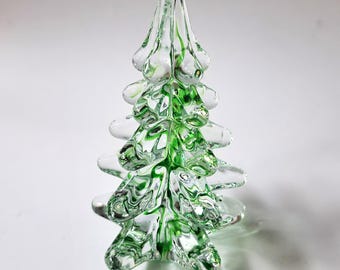 Árbol de Navidad vintage de cristal Silvestri, vidrio artístico, cinta verde, 5,25 pulgadas, década de 1980.