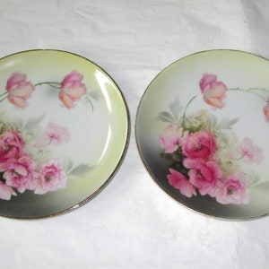 Pair of 6-3/8&quot; Coupe Plates, Pink Roses on Green, Gold Trim, Germany (c. 1920s-30s)