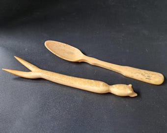 Ręcznie rzeźbiony widelec i łyżka z kości, skandynawska sztuka ludowa, uchwyt z pieczęcią