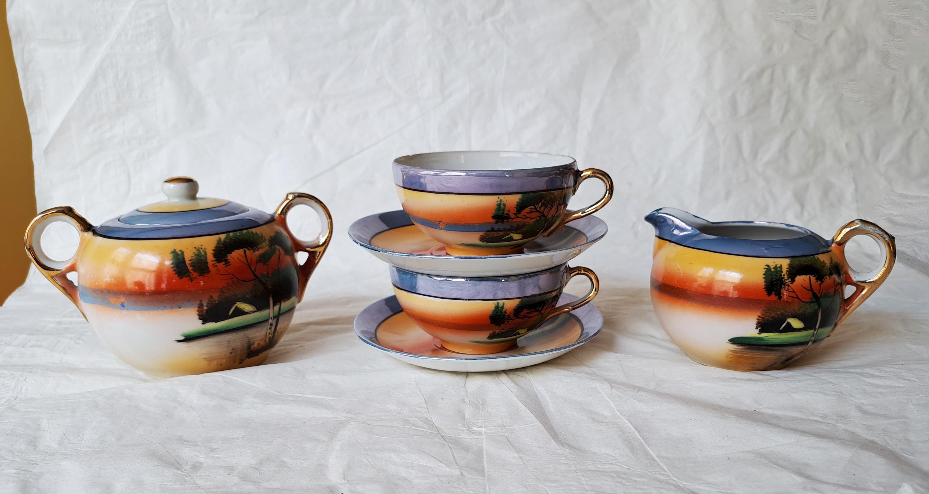 MIJ Japan SUNSET Creamer, Sugar Bowl, 2 Cups & Saucers, Hand