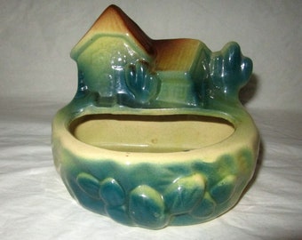 Fredericksburg Art Pottery FAPCO Hacienda Planter, Southwestern Cabin & Cactus (1950s)