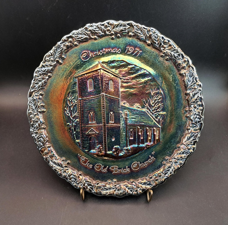 Translucent Vs Iridescent 1971 Fenton Carnival Glass Old Brick Church Christmas in America #2 ...