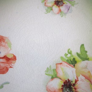 May include: A vintage ceramic plate with a white background and a floral pattern. The plate features a large pink and white flower with green leaves, and a smaller red and pink flower with green leaves.