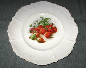 10 1/8 inch Antique Whiteware Dinner Plate, Red Strawberries, Gooseberries, ca. 1910s