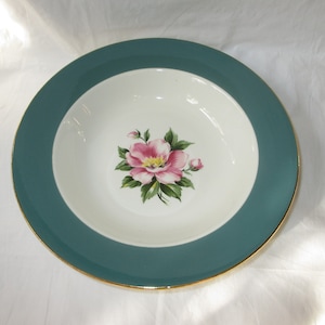 1955 Homer Laughlin &quot;Empire Green&quot; Rim Soup Bowl, Pink Flower Gold Trim Cavalier