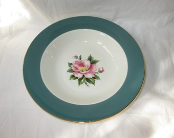 1955 Homer Laughlin &quot;Empire Green&quot; Rim Soup Bowl, Pink Flower Gold Trim Cavalier