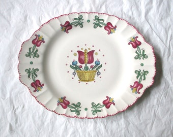 American Limoges OLD DUTCH 13.75&quot; x 11&quot; Oval Platter, Dark Red Tulips, c. 1940s