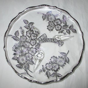 7.5&quot; Glass Candy BonBon Dish or Tray, Silver Overlay Flowers, &#39;25th Anniversary&#39; (c. 1950s-60s)