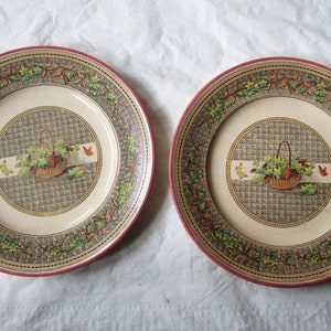 2 Antique Old Hall Earthenware 10.5&quot; Dinner Plates, BASKET, Aesthetic Transferware (c 1861-84)