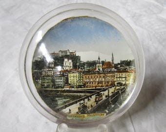 Vintage Round Glass Dome 3.5" Paperweight, Salzburg Staatsbrücke Staatsbruecke Bridge (c. 1930s)