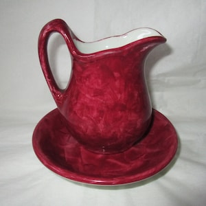 Shenango China Restaurantware Dark Red Pitcher Milk Jug & Bowl, Made for Scholnick Inc Pittsburgh (1930s)