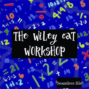 May include: A blue background with colorful numbers and math equations. The text "The Wiley Cat Workshop" is displayed in white on a black rectangle. The words "Seamless file" are in a smaller black rectangle.