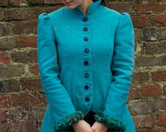 Steampunk Victorian LARP ladies tailored jacket with stand-up collar and pleated vent.