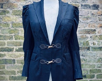 Steampunk Victorian LARP ladies upcycled tailored jacket with gathered sleeves and pleated vent.
