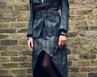 Steampunk Victorian Gothic Vamp LARP ladies tailored check suit with gathered sleeves.