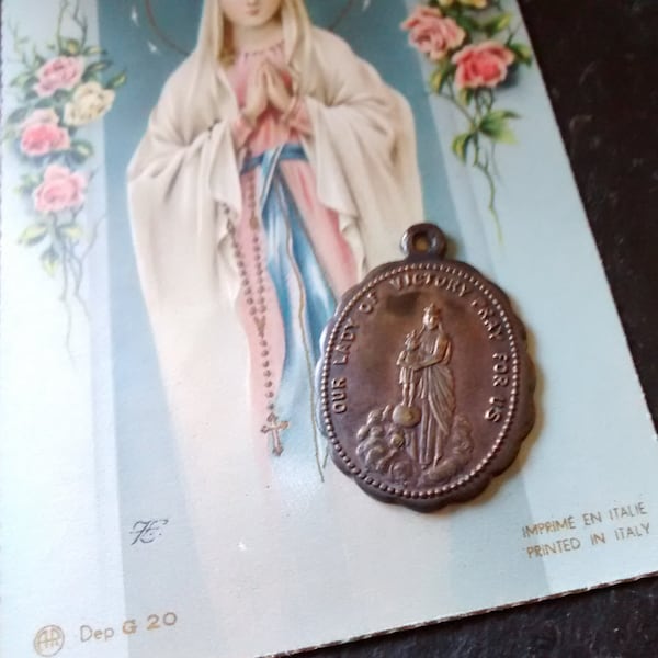 CHOOSE 1+ Vintage Our Lady of Victory 7 year copper wedding anniversary Saint medal jewelry pendant religious Holy Mary card unisex gift