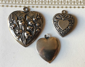 1 VTG 60s heart shaped tested sterling silver charm Edwardian style replica 925 Lily of the Valley plain simple or bow floral pendant craft