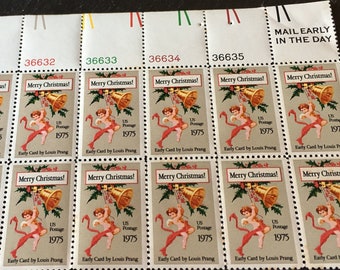 14 Early Card by Louis Prang plate block US postage stamp VTG 1975 cherub angel postal gummed 10 cents stamp collectible philatelist gift