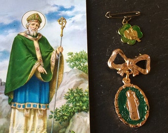 1 mini 1/2" green enamel paint shamrock clover St Paddy center medal gold tone 1" brooch and/or NOS Saint prayer card religious jewelry gift