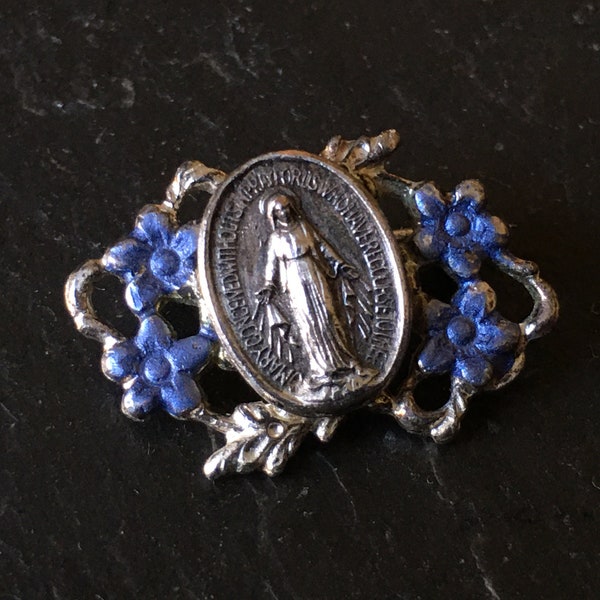 3/4x1/2" New baby shower 800 silver pin brooch with blue floral forget me not Mother Virgin Miraculous Mary Medal religious unisex baby gift