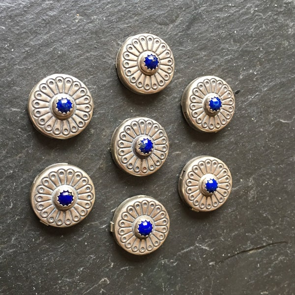 7 New Old STock VTG marked sterling Navajo 15.7 g silver flower lapis lazuli blue button cover Native American unisex birthday jewelry gift