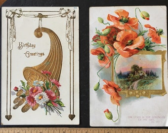 1 VTG NOS Cornucopia Prosperity Birthday Greetings Unposted Blank German Postcard or Poppies Psalms unused religious autumn fall card gift