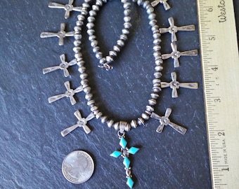 Native American 11 cross 39g sterling silver turquoise VTG 18" squash blossom necklace southwestern tribal religious 925 jewelry unisex gift