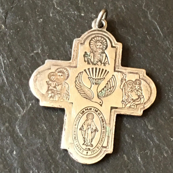 1 VTG sterling silver 6 way scapulart cross Spirit dove Saint Christopher Miraculous Mary St Joseph Jesus medal Catholic jewelry unisex gift