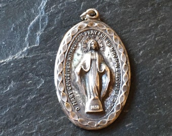 Large 1.5" heavy 11.9g sterling silver marked Blessed Virgin Mother Miraculous Mary medal pendant VTG religious unisexjewelry gift for him