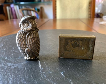 1 Antique owl silver vesta match holder case or Victorian couple brass & wooden jewelry presentation box pocket travel size gift for him her