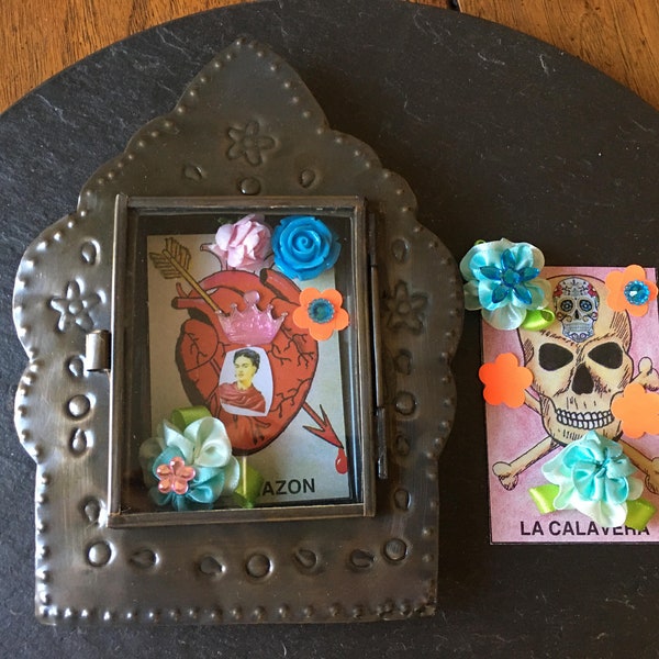 Frida Kahlo shadowbox DIY loteria card mixed media art tin Dia de los Muertos nicho ofrenda copper 7th anniversay Day of the Dead gift4her