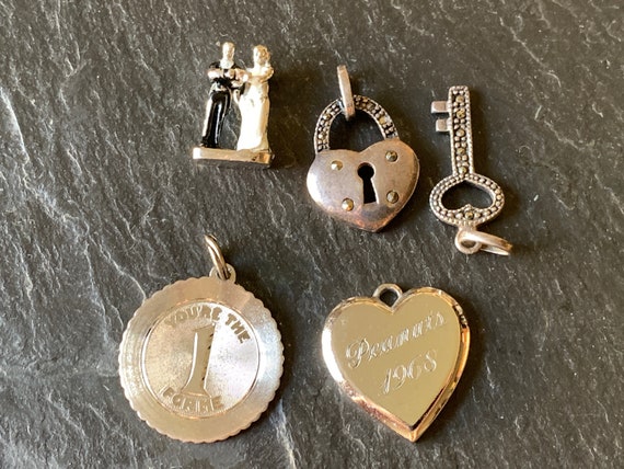 1 VTG Love Heart Key marcasite 925 marked enamel … - image 1
