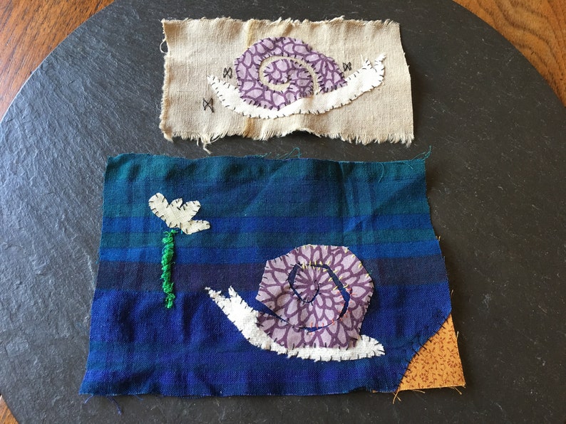 Even snails reach for the stars raw applique textile art embroidery fabric collage vintage quilt block slow stitch primitive quilter gift image 6